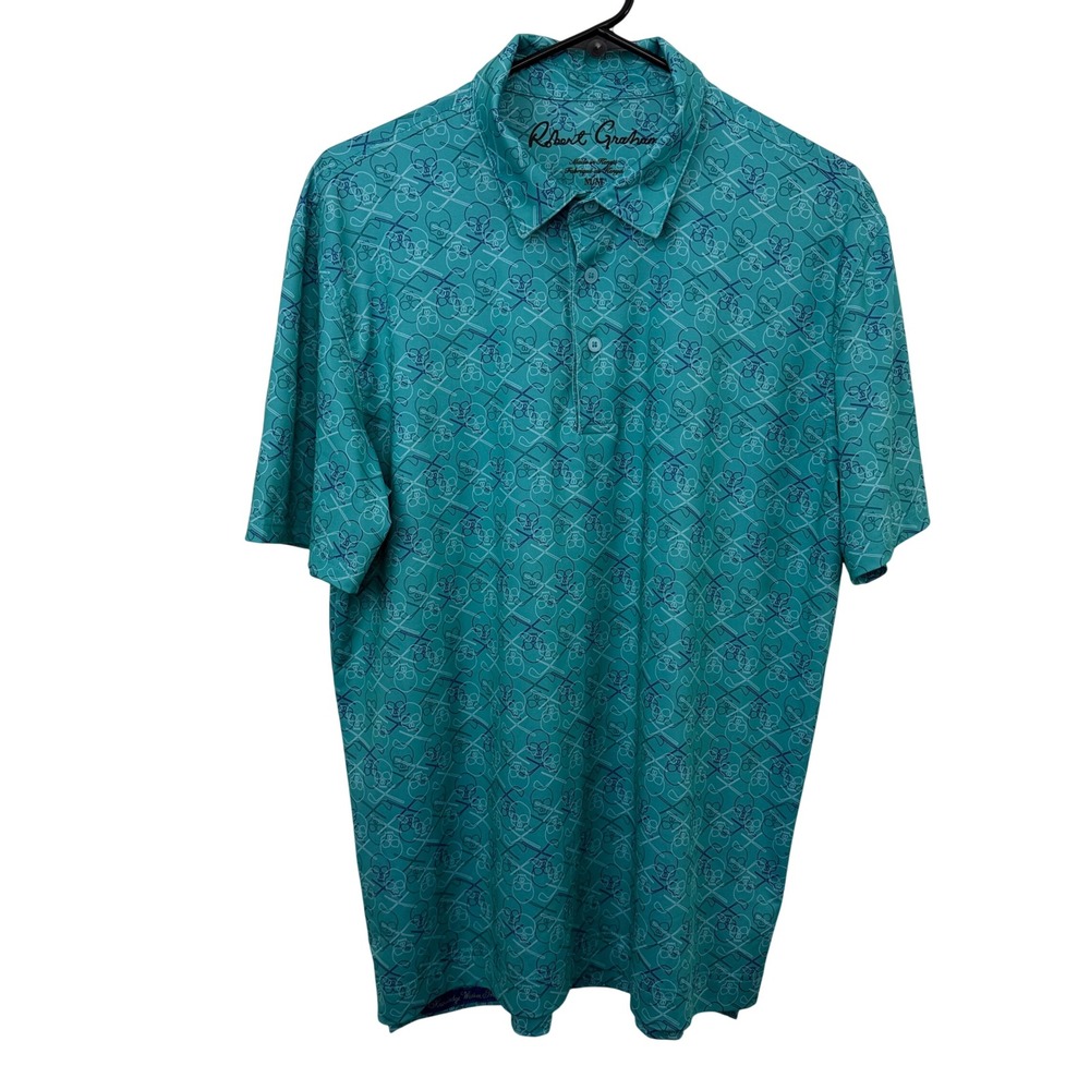 Robert Graham Polo Mens Medium Green Blue Skull Crossbones Golf Print Short Slv